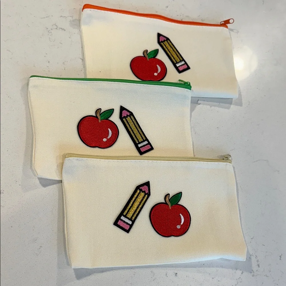 Pencil Case with Apple and Pencil Design - White